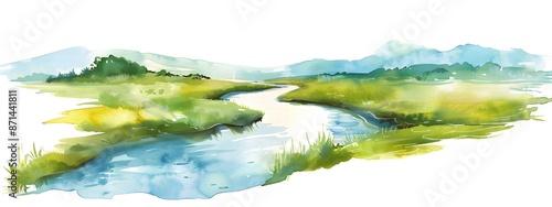 Wallpaper Mural Watercolor Scenic Landscape with Clean Flowing River Through Pristine Nature Torontodigital.ca