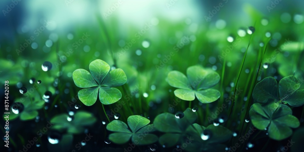 Fresh clovers covered in morning dew drops, creating a serene and lush green scene, symbolizing luck and nature's beauty. Fresh clovers covered in morning dew drops, creating a serene and lush green scene, symbolizing luck and nature's beauty.