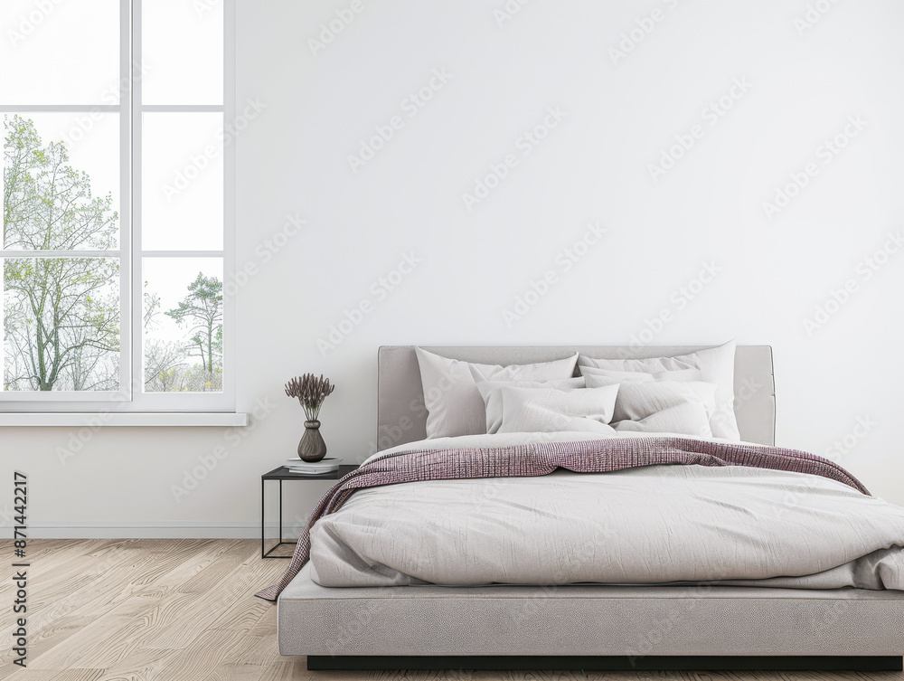 Luxurious master bedroom with a big window filling the room with natural light. Luxury residential real estate composition in neutral colors. Luxurious master bedroom with a big window filling the room with natural light. Luxury residential real estate composition in neutral colors.