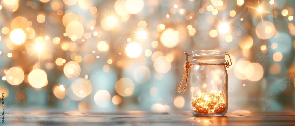 A glass jar filled with warm glowing fairy lights on a wooden surface, creating a magical and festive atmosphere with a bokeh background. A glass jar filled with warm glowing fairy lights on a wooden surface, creating a magical and festive atmosphere with a bokeh background.