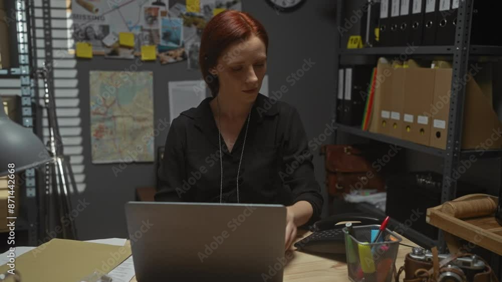 Redhead woman detective working in an office with laptop and evidence board Redhead woman detective working in an office with laptop and evidence board