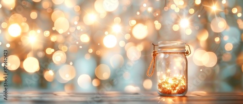 A glass jar filled with warm glowing fairy lights on a wooden surface, creating a magical and festive atmosphere with a bokeh background.