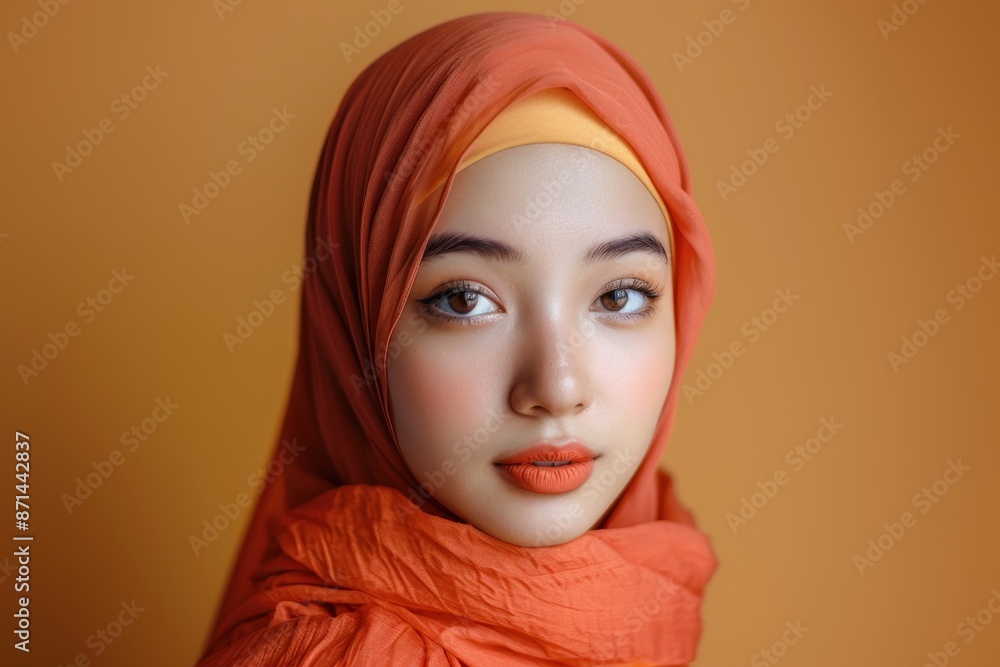 Close-up Portrait of a Woman in a Coral Hijab Close-up Portrait of a Woman in a Coral Hijab