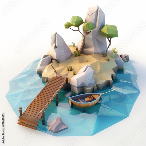 3D Render, Low Poly style of a fishing island with a dock and boat, on isolated white background, Generative AI