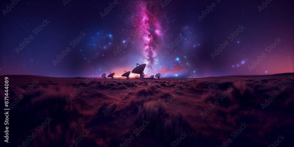 Radar Station, radio telescope field, with extravagant space sky. Radar Station, radio telescope field, with extravagant space sky.