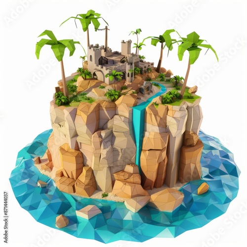 3D Render, Low Poly style of a small island with ancient ruins, on isolated white background, Generative AI