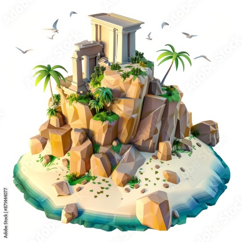 3D Render, Low Poly style of a small island with ancient ruins, on isolated white background, Generative AI