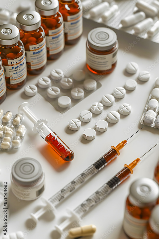 Side view of a variety of tablets, capsules and ampoules, various vials and test tubes, syringes for injection and vaccine. The concept of medicine and pharmacology. Vertical image Side view of a variety of tablets, capsules and ampoules, various vials and test tubes, syringes for injection and vaccine. The concept of medicine and pharmacology. Vertical image