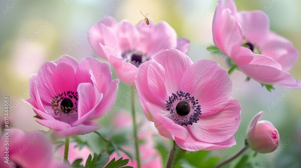 Beautiful pink flower anemones fresh spring morning on nature and fluttering butterfly on soft green background. macro. Spring template. elegant amazing artistic image. free space Beautiful pink flower anemones fresh spring morning on nature and fluttering butterfly on soft green background. macro. Spring template. elegant amazing artistic image. free space