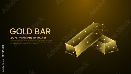 Gold Bars Low Poly Wireframe Vector Illustration on Technological Gold Background. Gold Brick Vector Illustration