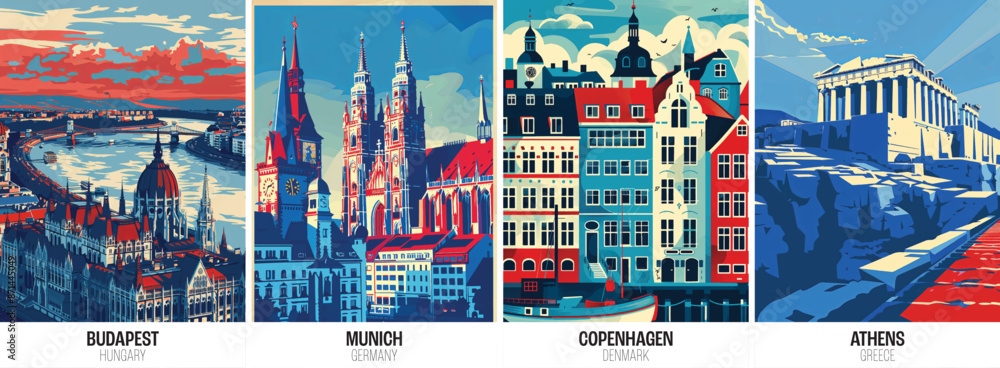 Fototapeta premium Set of european city posters including budapest munich copenhagen athens