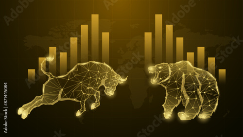 Bullish vs Bearish Concept in Stock Market, Forex Trading, and Cryptocurrency. Digital Bull vs Bear with Charts Low Poly Wireframe Vector Illustration