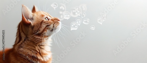Adorable ginger cat watching bubbles with curiosity, isolated on white background. Perfect for pet and animal enthusiast themes. photo