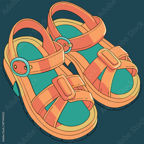 Vibrant summer sandals with straps and buckles, depicted in orange and teal colors