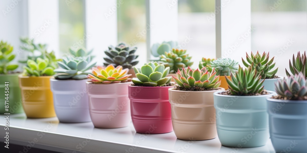 A row of vibrant succulents in colorful ceramic pots placed on a windowsill, adding a touch of greenery to indoor decor. A row of vibrant succulents in colorful ceramic pots placed on a windowsill, adding a touch of greenery to indoor decor.