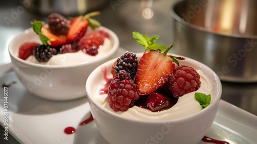 A bowl of fresh strawberries with creamy yogurt and topped with mint leaves.