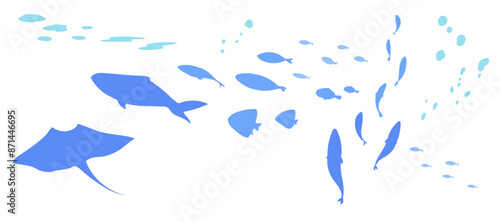 魚群と泡のシルエットのイラストセット　海　水中