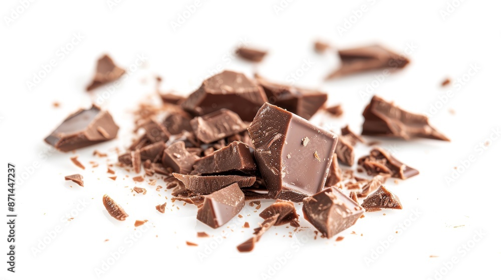 Broken chocolate. Chocolate pieces isolated. Chocolate pieces on white background as package design elements. With clipping path. Broken chocolate. Chocolate pieces isolated. Chocolate pieces on white background as package design elements. With clipping path.