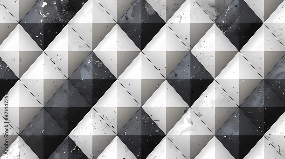 Obraz premium Abstract geometric pattern of black, white, and gray triangles with textures and shades.