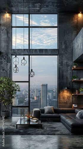 Plakat Dark toned living rooms and urban architecture outside windows