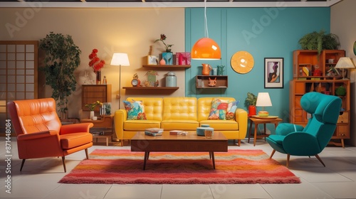 A retro-styled cartoon living room from the 90s, complete with vintage furniture, old electronics