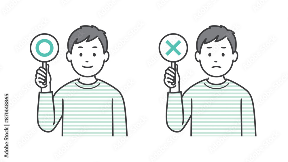 まるばつの札を持つ男性の上半身イラスト素材