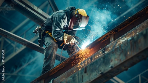 photography of an ironworker skillfully welding white hot steel beams creating a mesmerizing display of sparks and industrial expressionism photo