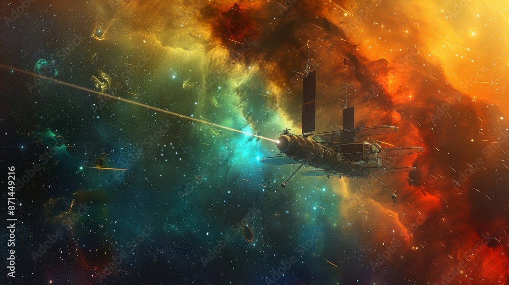 Fototapeta premium A spacecraft traveling through a colorful cosmic dust cloud, with stars scattered across the scene Generative AI