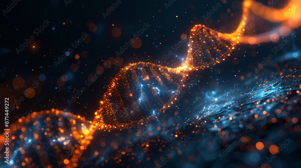 Abstract visualization of a glowing DNA double helix strand, representing genetic research and biotechnology.