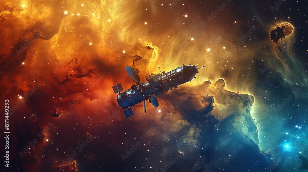 Naklejka premium A spacecraft traveling through a colorful cosmic dust cloud, with stars scattered across the scene Generative AI