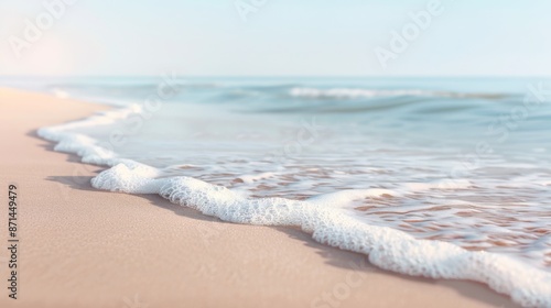 Calm beach scene with gentle waves washing on soft sandy shore under clear blue sky. Perfect tranquil coastal landscape for relaxation concepts. photo