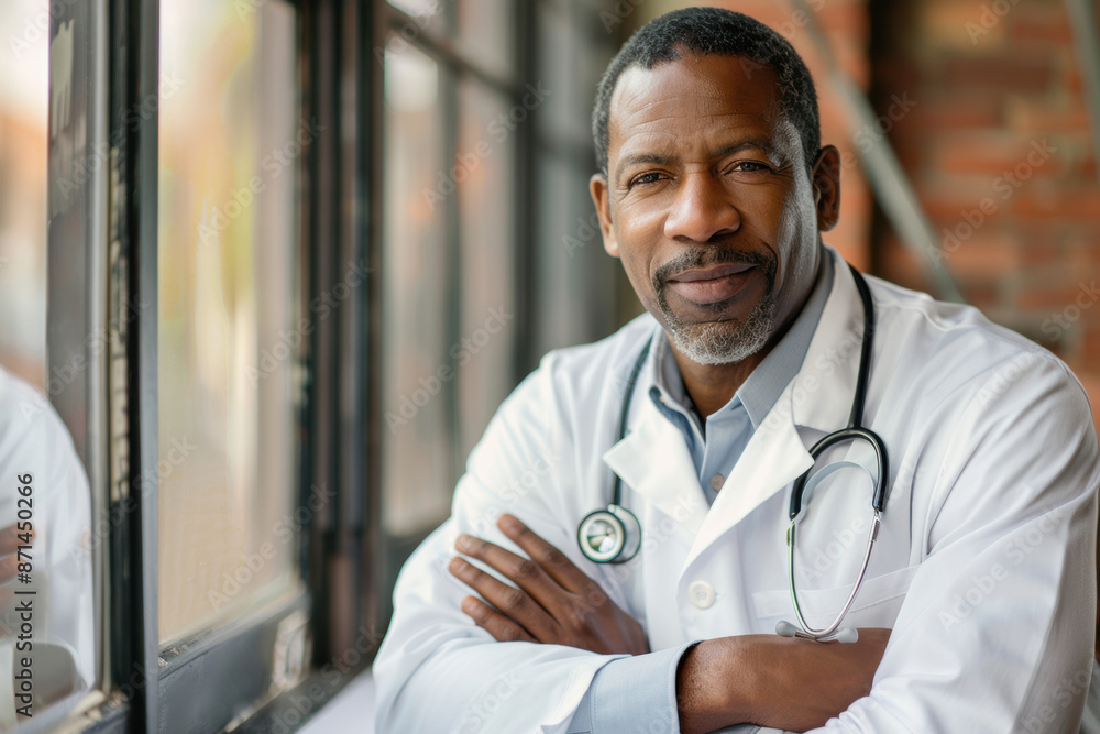 Black doctor stands confidently in office near window Black doctor stands confidently in office near window