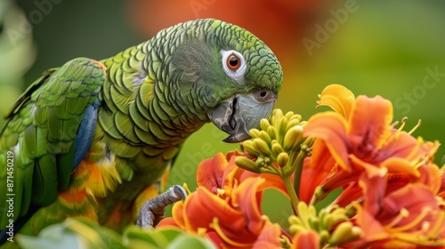 Parrot on the flower. Beautiful extreme close-up.
