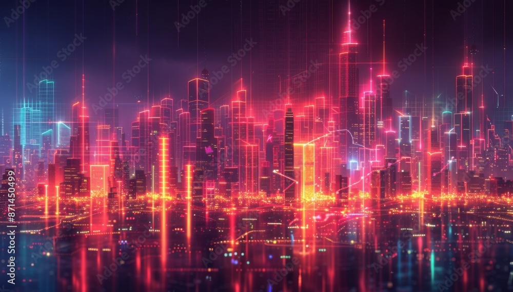 Holographic financial graphs neon glow futuristic city skyline dark background data visualization Holographic financial graphs neon glow futuristic city skyline dark background data visualization