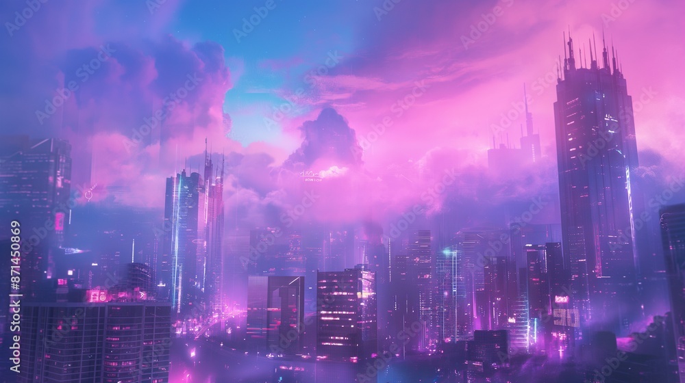 Obraz premium Futuristic urban cityscape with towering skyscrapers, vibrant neon lights