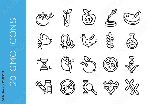 GMO Icons. Set of 20 trendy minimal icons. Example: Tomato , DNA Pig, Corn, Meat, Lab icon. Design signs for web page, mobile app, packaging design. Vector illustration.