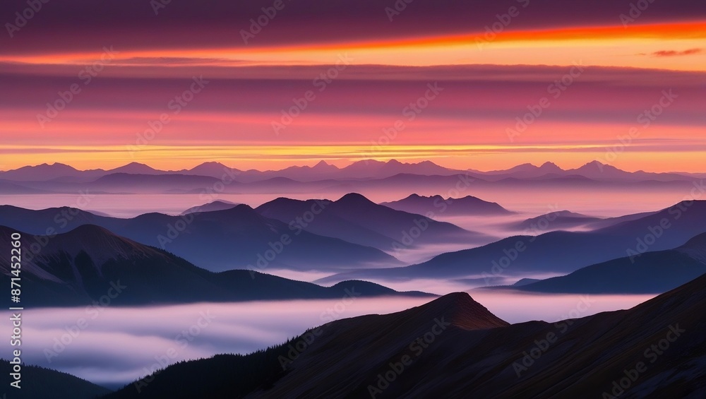 Fototapeta premium Majestic misty mountain range at sunset. Warm oranges, pinks, and purples blend into cool blues and greens. Dramatic backlighting creates silhouettes with a glowing horizon, evoking awe and wonder.