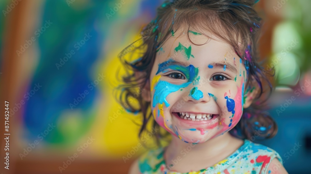 A joyful child with a face covered in vibrant paint, smiling brightly during a fun and creative painting activity. A joyful child with a face covered in vibrant paint, smiling brightly during a fun and creative painting activity.