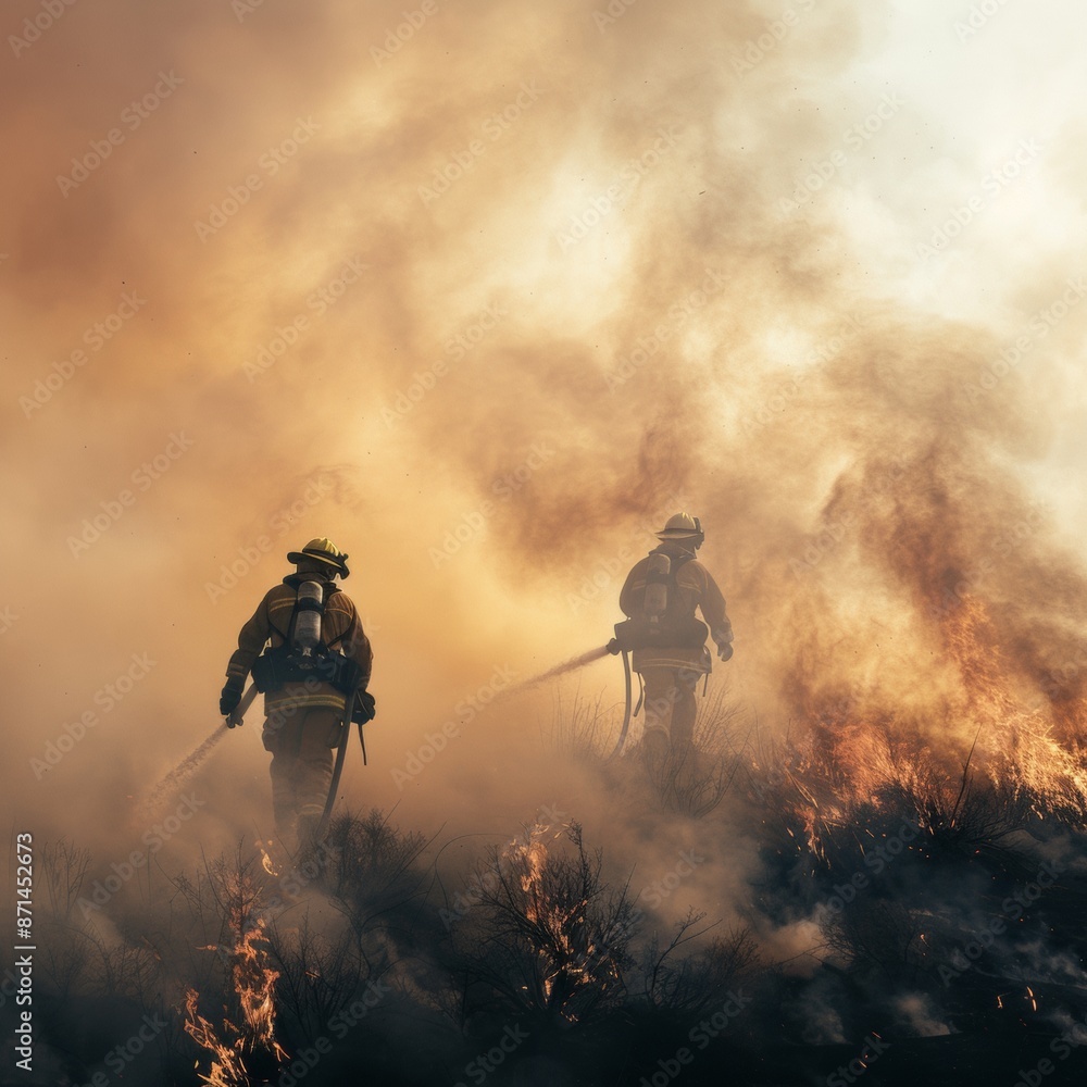 Naklejka premium Brave Firefighters Fighting Wildfire in Intense Heat - Emergency Response Concept on White Background with Copy Space