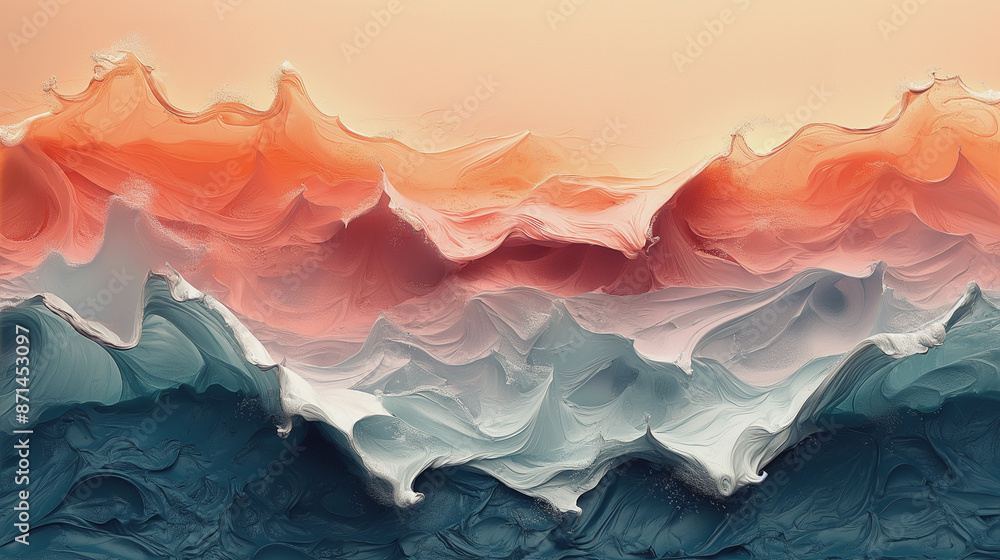 Abstract landscape with mountains bathed in morning mist, with a hint of blue sky peeking through Abstract landscape with mountains bathed in morning mist, with a hint of blue sky peeking through