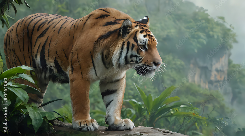 Obraz premium a tiger standing on a rock in the jungle