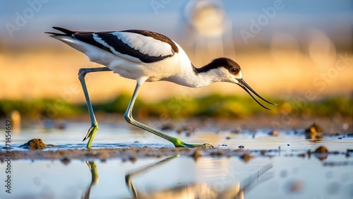 Adult Pied avocet (Recurvirostra avosetta), low angle view, foraging food on mud flat of the salt field, often scything bill from side to side in brackish water in daytime, lower center of Thailand.