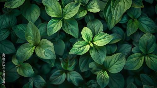 Close-up of lush green leaves with a vibrant, fresh, and natural appearance