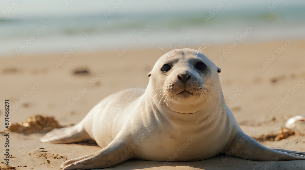Obraz premium a seal laying on the sand on a beach with a blue ocean in the background