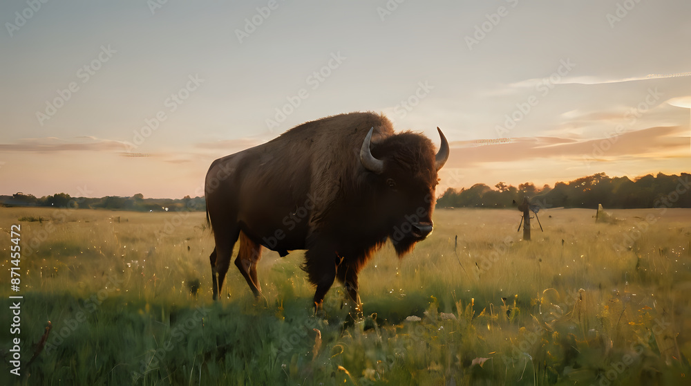 a large bison standing in a field of grass a large bison standing in a field of grass