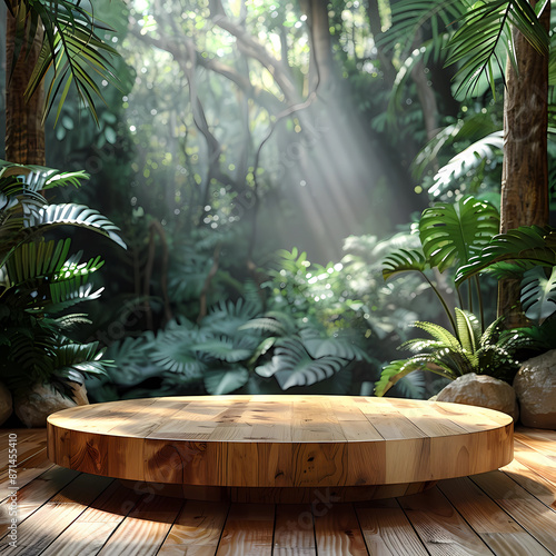 product presentation mockup on wooden podium in green forest background