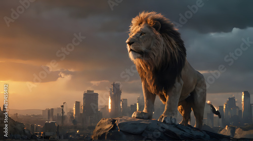 lion standing on rock in front of city skyline at sunset