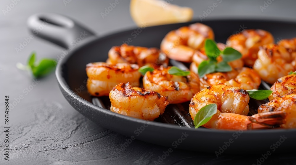 Delicious grilled shrimp garnished with fresh herbs in a skillet, perfect for a seafood meal or appetizer. Delicious grilled shrimp garnished with fresh herbs in a skillet, perfect for a seafood meal or appetizer.
