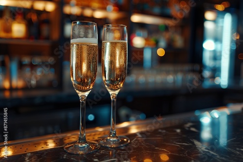 Two glasses of champagne on the bar counter against a blurred background. A glass with sparkling wine and another one without liquid stand in front of each other. The concept of celebration or corpora photo