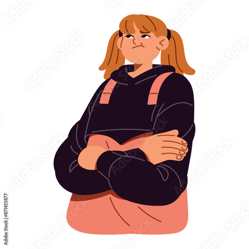 Disgusted teenager crosses hands and rolls her eyes. Offended girl with dissatisfied facial expression. Displeased person with upset emotions. Flat isolated vector illustration on white background